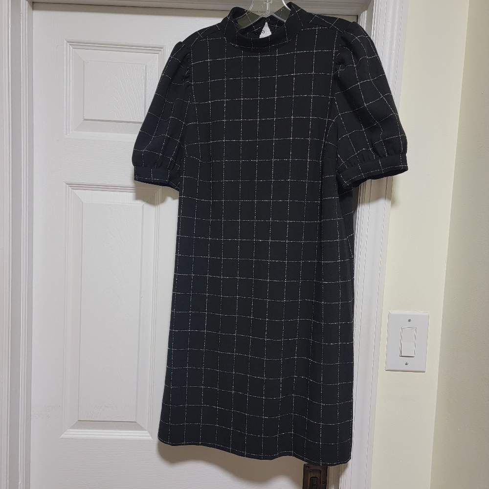 Loft Windowpane Puff sleeve shift dress sz 4